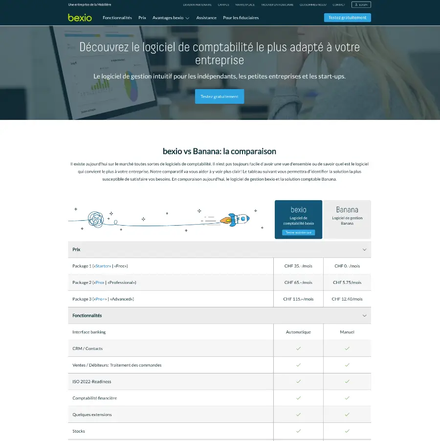 Page de comparaison des logiciels bexio et banana