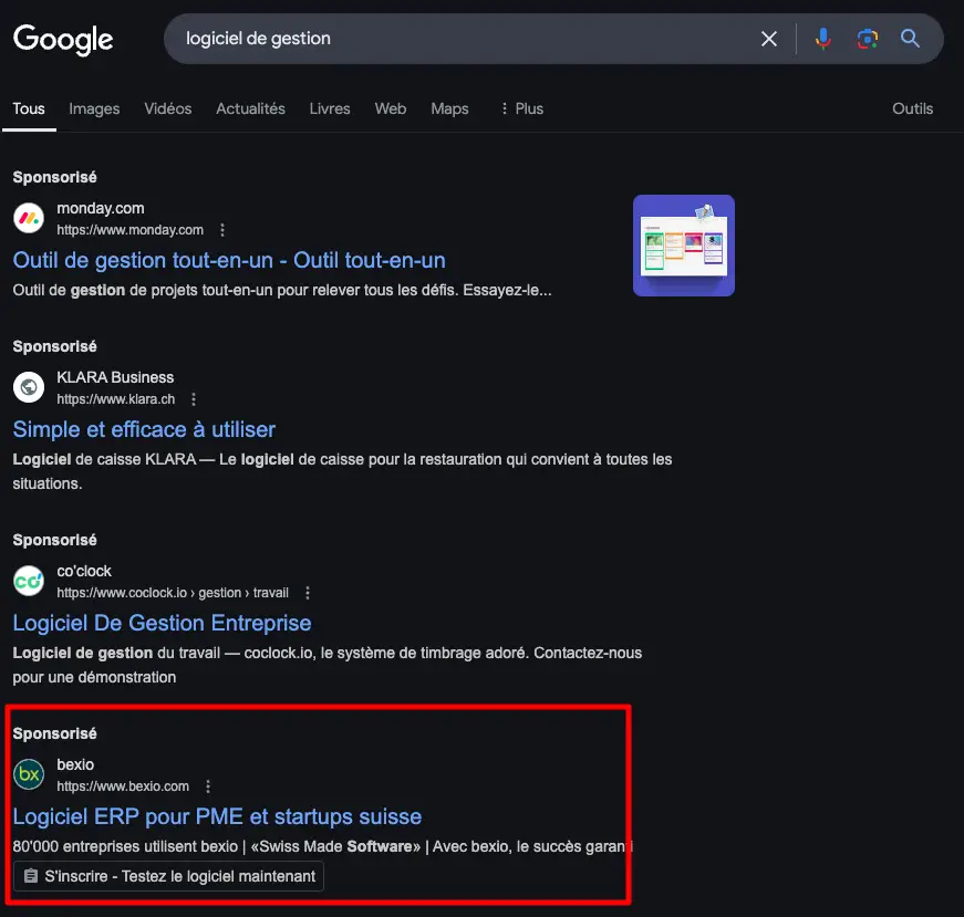 Annonce publicitaire Google Ads de bexio